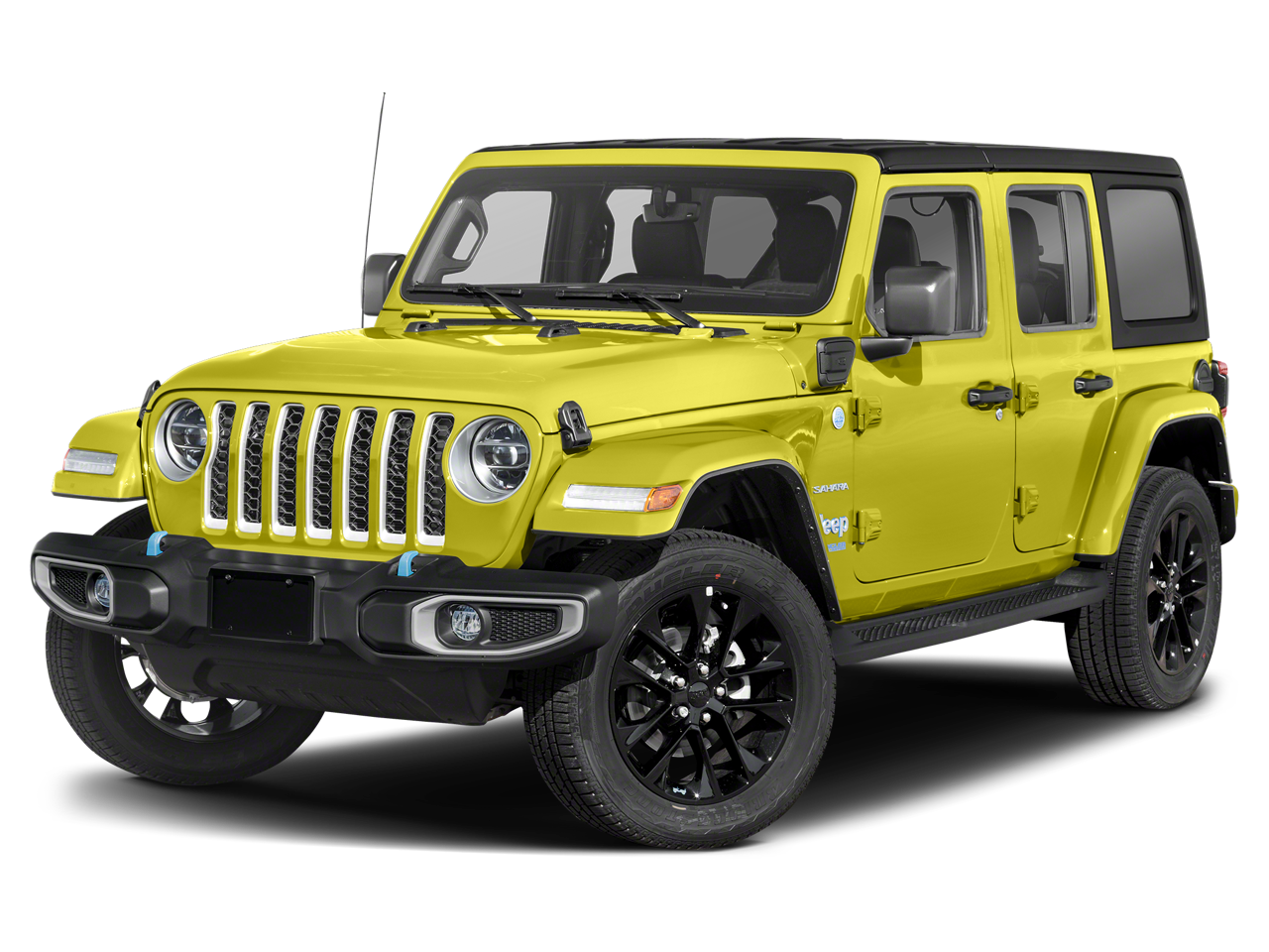2023 Jeep Wrangler Sahara 4xe in High Velocity Clearcoat — front three-quarter view