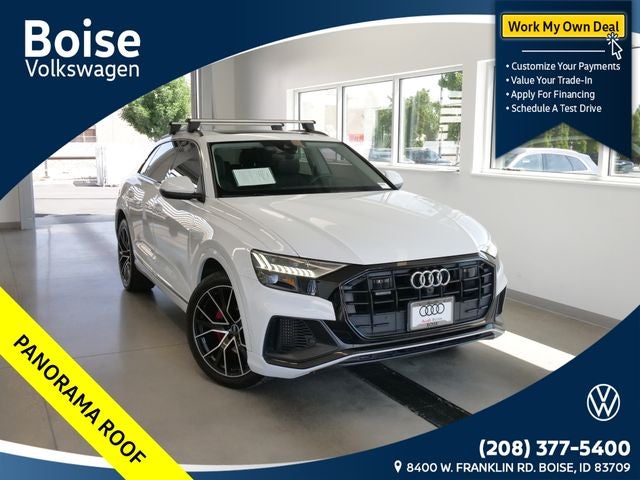 2021 Audi Q8 55 Premium Plus quattro in Glacier White Metallic — front three-quarter view